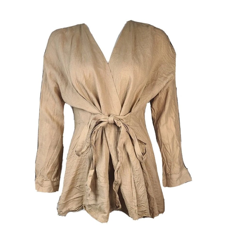 ZARA Solid All Tan Beige Linen Wrap Style Long Sleeve Top Womens Size S Small